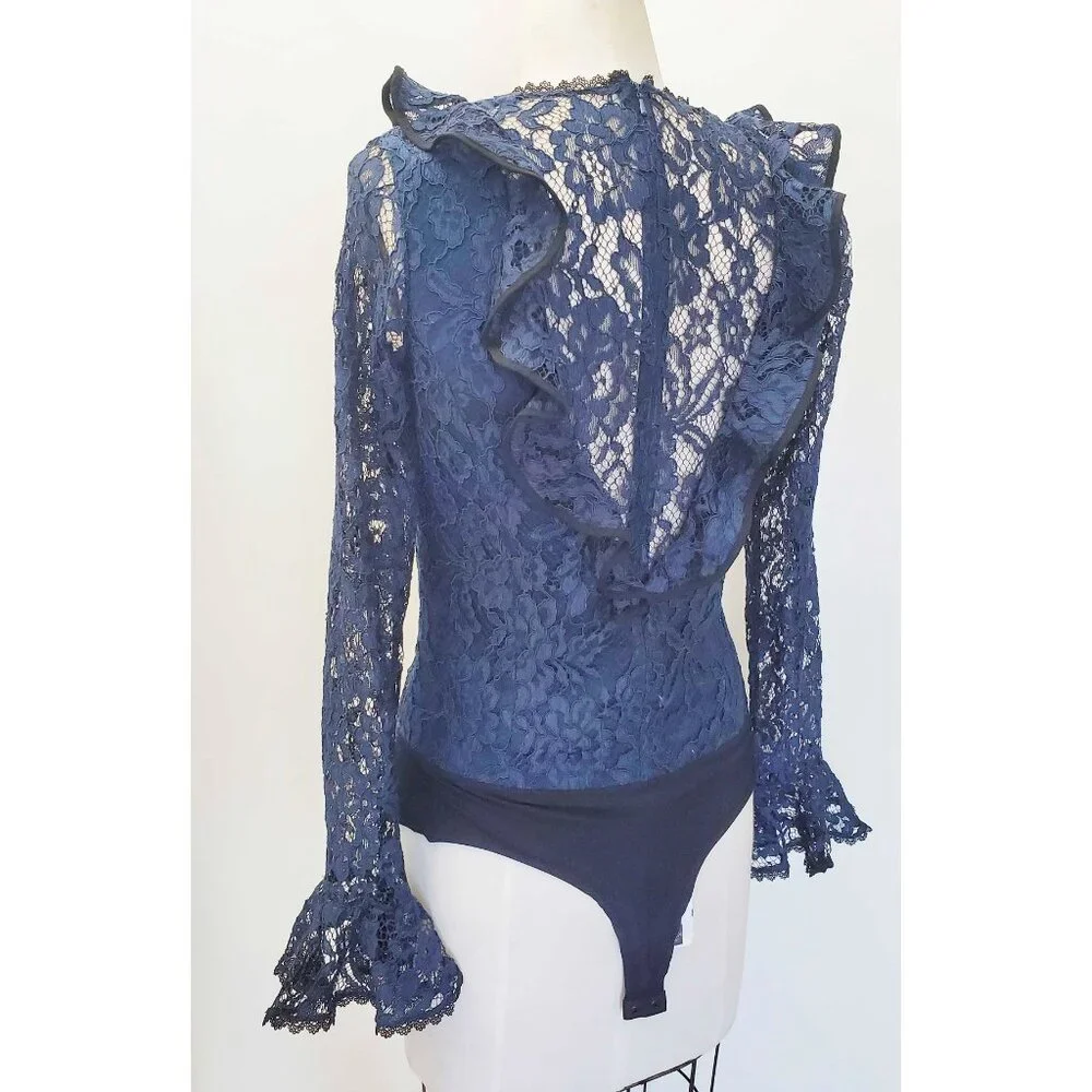 Alexis Womens Pollie Illusion Voulant Bodysuit Lace Top Blouse Navy - NWT M